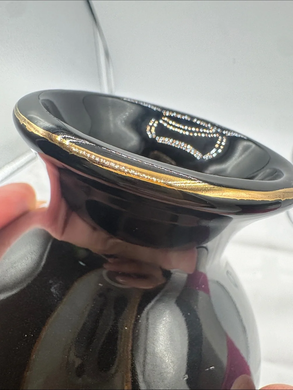 Japanese Black Ceramic Fine Art Vase featuring detailed multi-color floral VTG